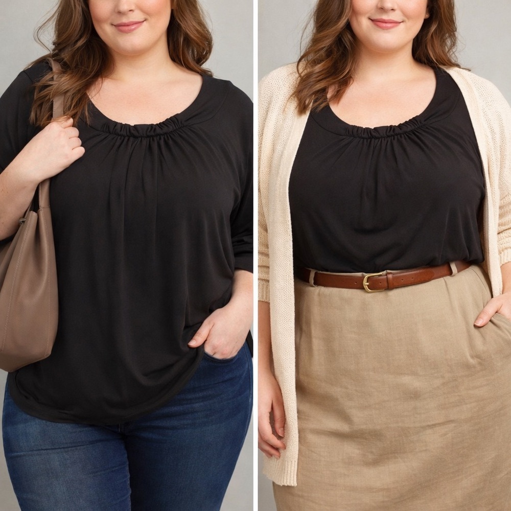 Susan Graver Liquid Knit Black Gathered Neck Top